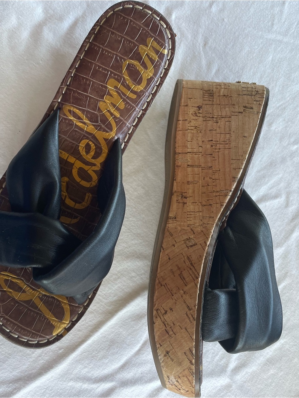 Sam Edelman Black Leather Knot Slide Sandals Cork Platform Size 8